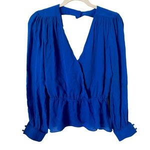 Parker‎ Blue 100% Silk  Long Sleeve Cutout Back Peplum Blouse